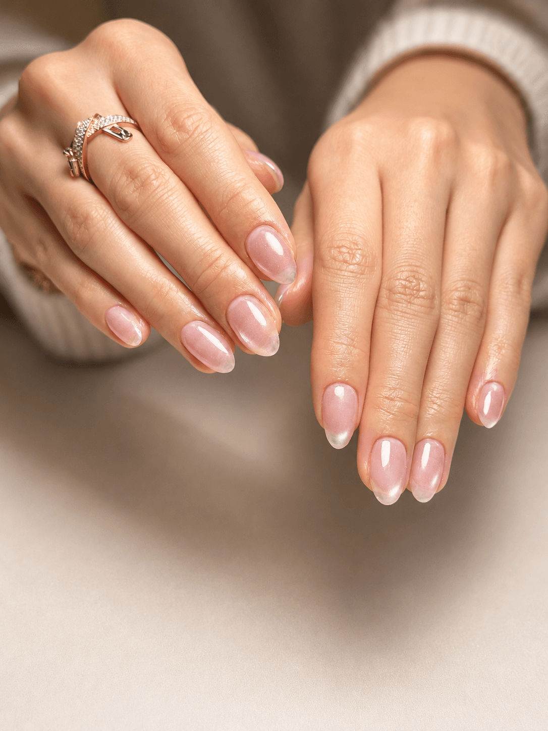 Natural pink nails with a soft shimmer finish
